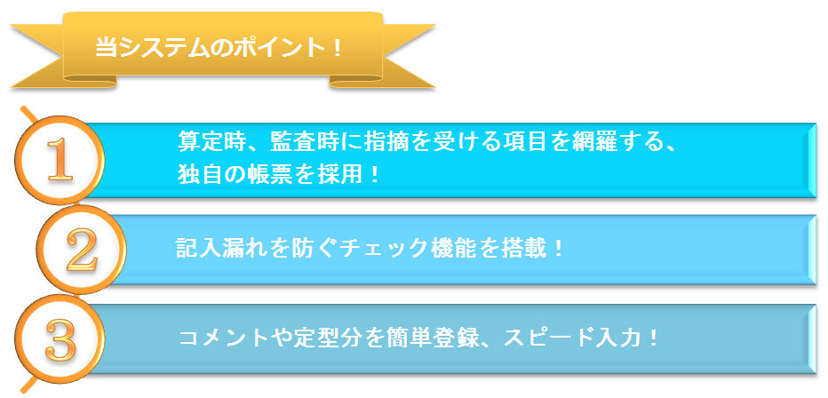 経口維持加算 算定時、監査時に指摘を受ける項目を網羅する独自の帳票を採用!記入漏れを防ぐチェック機能を搭載!